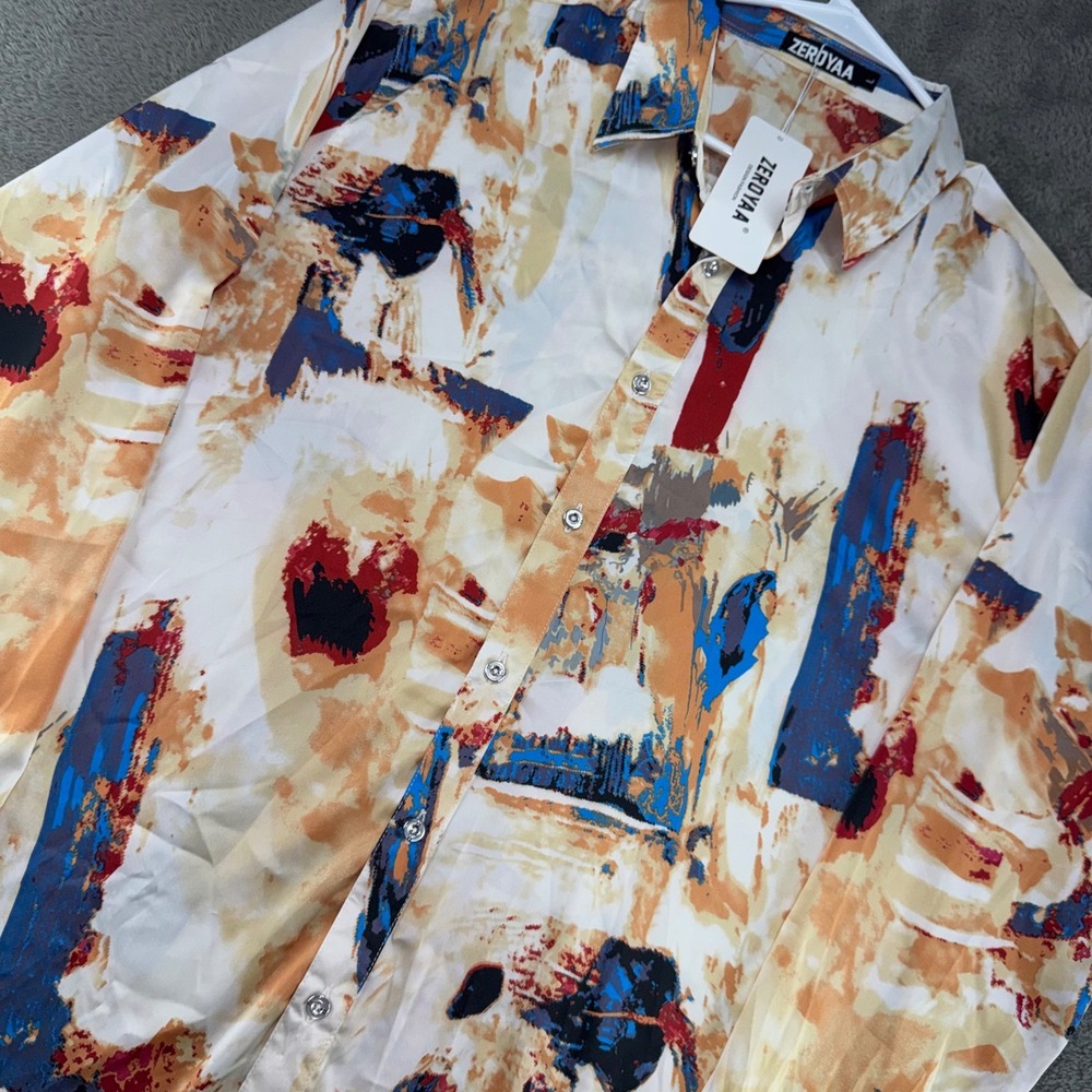 ZEROYAA Abstract Paint Print Shirt Mens Large Multi-Color NEW Long Sleeve Button
